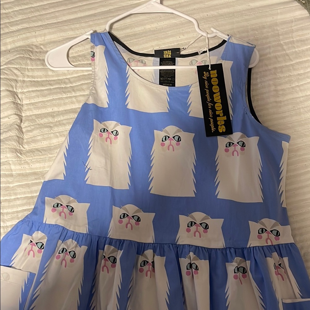 Noworks Blue Grumpy Cat Print Dress - pockets